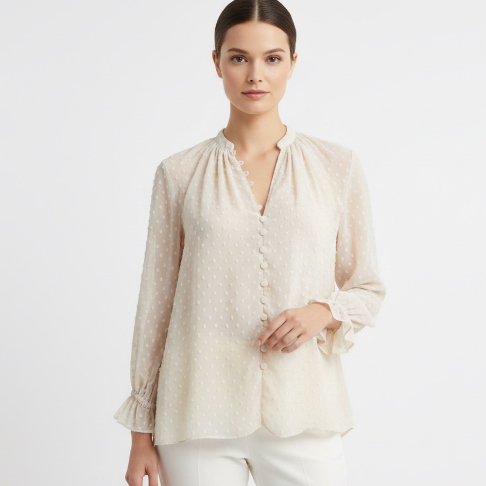 KAII Swiss Dot Ruffle Blouse Top Cream MEDIUM long Sleeves vintage style